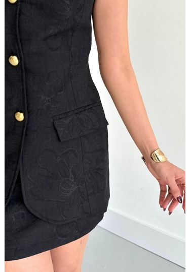 Sensuelle Jakar Keten Yelek - Kısa Etek Takım - Siyah Siyah