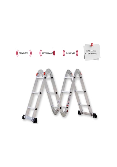 Endokon Platformlu 3,46 Metre - 12 Basamaklı Katlanır Akrobat Merdiven - Büyük Menteşe - Kalın Profil