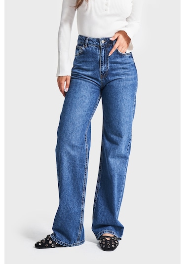 Itsbasic Kadın Mavi Renk Doris 2w5-5 Straight Fit Yüksek Bel %100 Koton İç Boy 80cm Denim Jean Mavi1