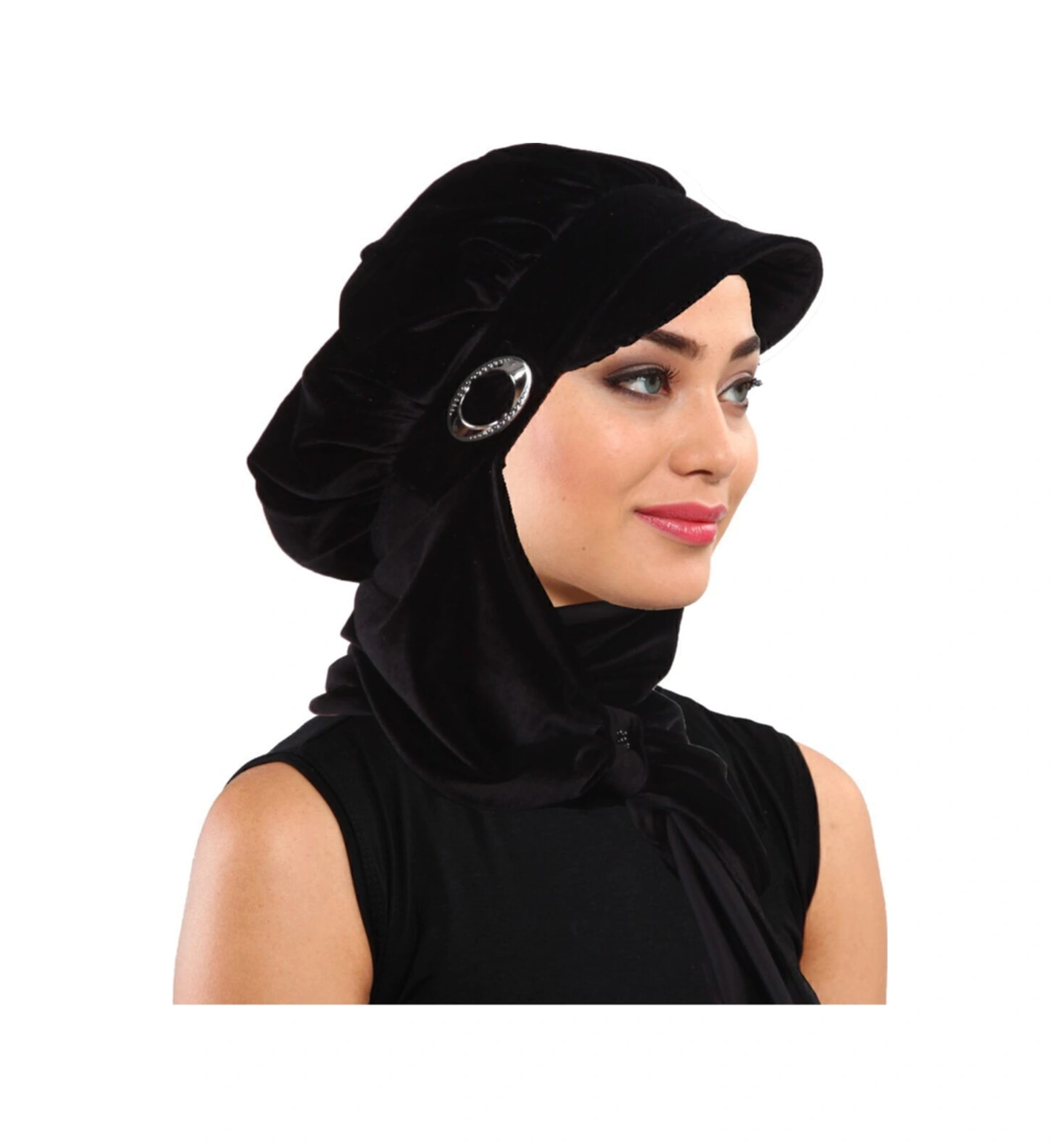 Kadife Şapka Atkılı Toka Detaylı Siyah Hazır Türban Tesettür Bone Siyah