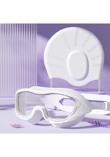 Globalpurchase Yüzme Şapkası Su Geçirmez Kulak Koruyucu Saç Büyütülmüş Yetişkin Uzun Saç Silikon Yüzme Şapkası - Set Beyaz Beyaz