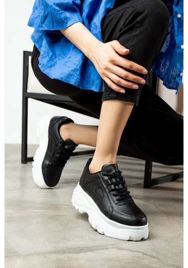 Günlük Kadın Spor Ayakkabı Yüksek Kalın Taban 6 Cm Suni Deri Sneaker 001 Siyah - Beyaz