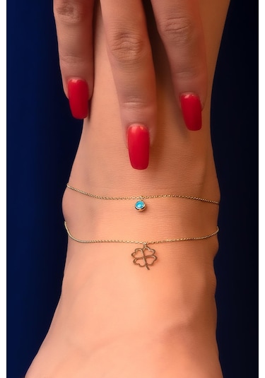 14 Ayar Altın Firuze Taşlı Şans Yoncası Halhal Hal0018 Rose