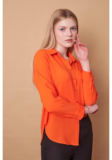 Kadın Yakalı Düşük Omuzlu Uzun Kol Likrasız Kumaş Gömlek-oranj Oranj