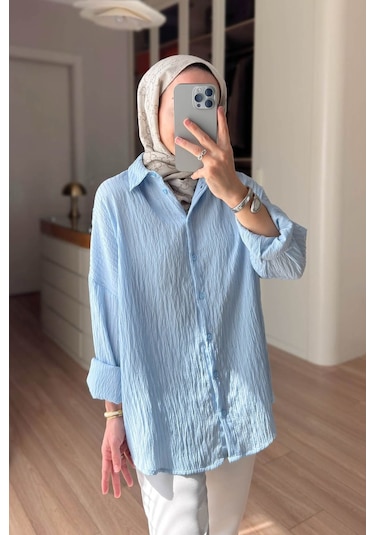 Kahijab Nakışlı Pul Detay Oversize Gömlek - Mavi
