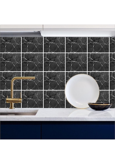 Mutfak Tezgah Arası Kendinden Yapışkanlı Folyo Kaplama Siyah Fayans Desen 60cmx100cm