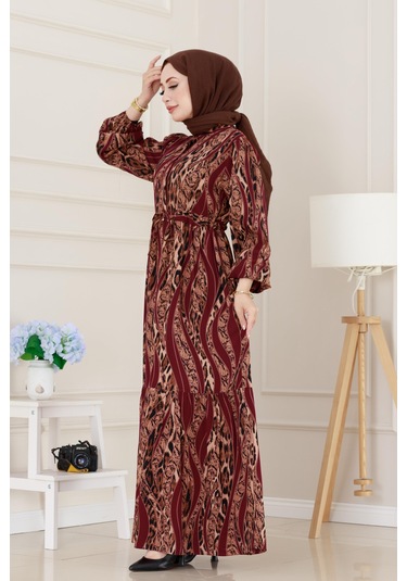 Sevitli Leopar Desenli Beli Tünelli Viscon Elbise-bordo-5087 Bordo