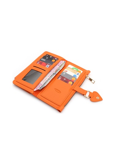 Soft Yumuşak Deri Cep Telefon Bölmeli Kalp Detaylı Trend Kadın Cüzdan Turuncu Turuncu
