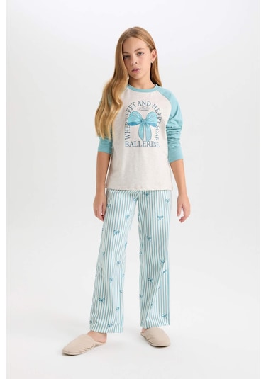DeFacto Kız Çocuk Pijama Takımı Bisiklet Yaka Baskılı Uzun Kollu Üst Çizgili Uzun Alt D6059A824AUGN1209 Yeşil