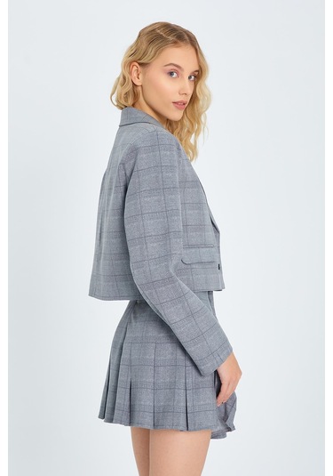 4581 Kadın Ekoseli Crop Ceket Gri Gri