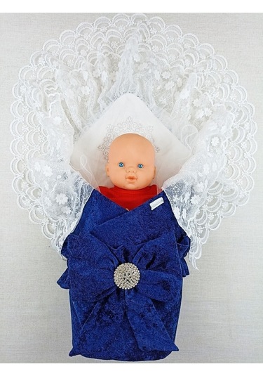 Dantelli Taçlı Bebek Kundağı Unisex Bebek Dış Kundak Battaniyesi Hastane Çıkışı Mevlütlük Kundak Lacivert