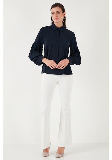 Lela Regular Fit Dikiş Detaylı Düz Yaka Balon Kol Bayan Gömlek 611Go00003 Lacivert