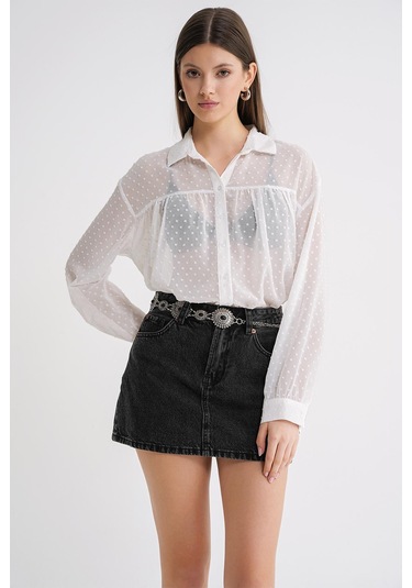 4678 Kadın İnce Desenli Robalı Yazlık Transparan Gömlek Beyaz Beyaz