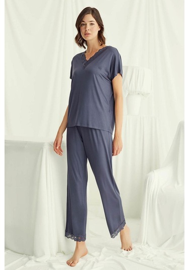 Monamise 18484 Kadın V Yaka Kısa Kollu Pijama Takımı-lacivert Lacivert