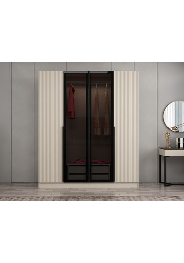 Kale Plus 4 Mebran Kapaklı 2 Çekmeceli Dolap Kumtaşı Mebran Füme Cam 210cm Kumtaşı