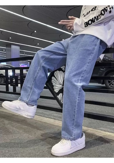 Erkek Rahat Kalıp Bol Paça Pantolon Jean Mavikar