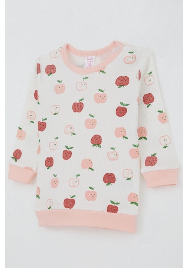 Breeze Kız Bebek Pijama Takımı Omuzdan Patlı Sevimli Minik Elma Desenli 4 Ay-1 Yaş, Ekru Ekru