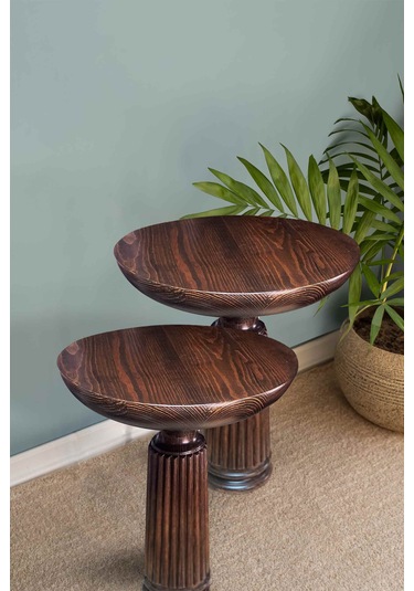 Masif Ahşap Yan Sehpa Seti 2 Li Ceviz Renk Zigon Takımı