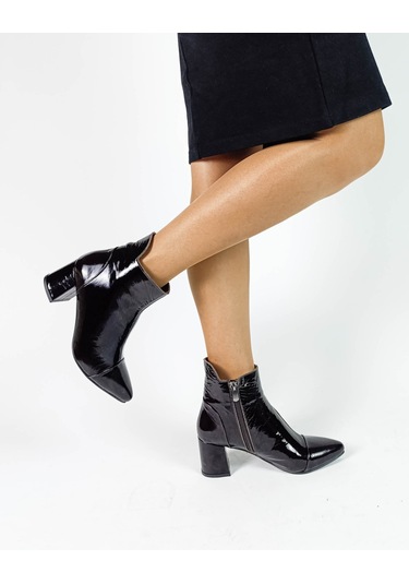 Hakiki Deri Acı Kahve Rugan Fermuarlı Kalın Topuk Kadın Bot Acı Kahve