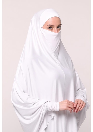 Kollu Sufle Çarşaf Üstü Peçeli Pratik Tesettür Hijab - Nikaplı Namaz Örtüsü Beyaz