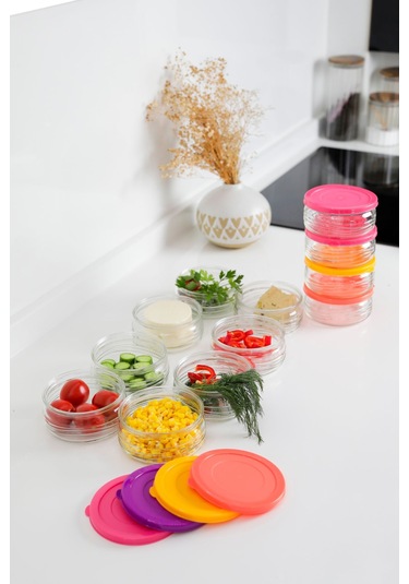 12'li Premium Kahvaltılık Seti 410 Cc Renkli Plastik Kapaklı Cam Saklama Kabı, Hava Geçirmez Çok Renkli