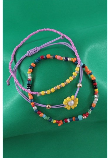 3lü Yıldızlı Çiçekli Boncuklu Asansörlü Bileklik. Lastikli Bileklik, Kadın İp Bileklik Halhal. Çok Renkli