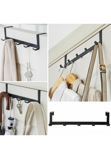 Besthome1 5 Kanca Rustsuz Kapı Kurulu Beşik Dolap Organizatörü, Delme Yok Kurulum, 5 Kg Yük Kapasite, Siyah Demir Malzeme Siyah