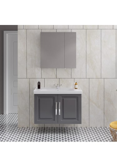 Denko Royal 90Cm Mdf Albatros Gri Banyo Dolabı Alt Modül, Lavabo Gri