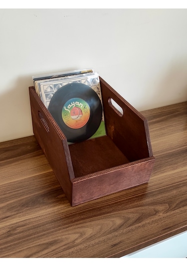 Ahşap 45lik Plak Sandığı - Organizer Kutu - Kestane Rengi Wooden 45 Record Box Koyu Kırmızı