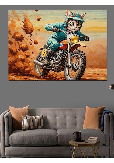 Ahşap Tablo Motosiklet Süren Kasklı Komik Kedi