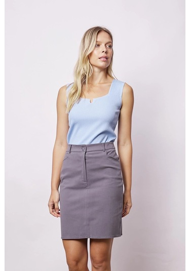 Kadın Cep Detaylı Diz Üstü Hafif Likralı Pamuklu Kumaş Kalem Etek-koyu Gri K.gri