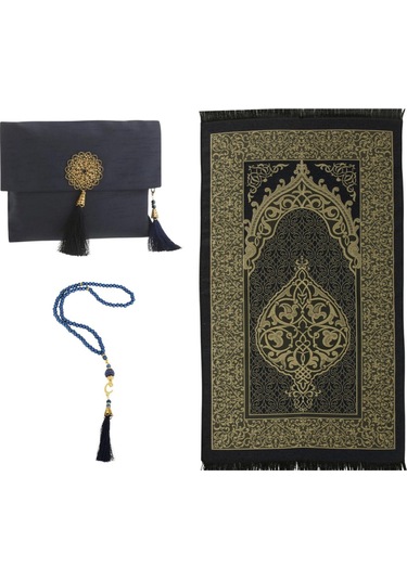 Şantuk Keseli Tafta Seccade Ve İnci Vavlı Tesbih Set , Taşınabilir Namaz Seti Lacivert