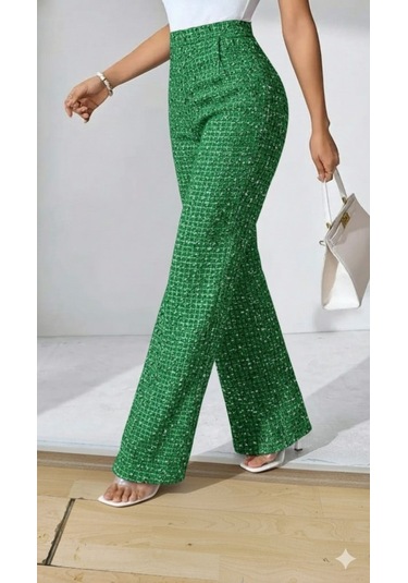 Tua Moda Kadın Yüksek Bel Paçaya Doğru Geniş Dokuma Pantolon Yeşil