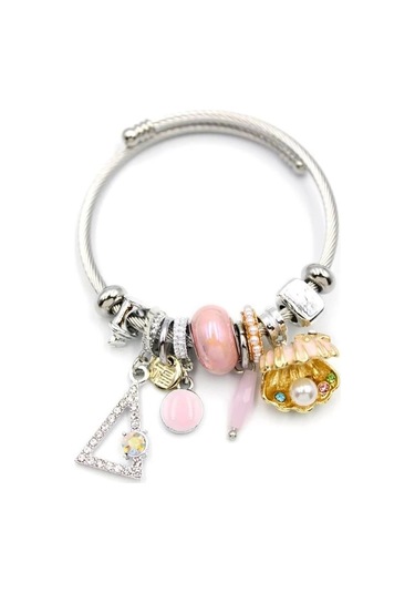 Çelik Charmlı İncili Deniz Kabuğu Bilezik - Pembe Çok Renkli