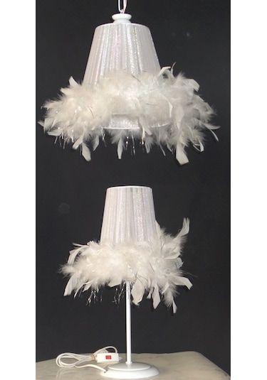 Beyaz Tüylü Avize Abajur Takımı Çocuk Odası Yatak Odası