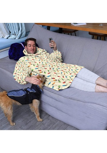 Noel Temalı Unisex Giyilebilir Battaniye Hoodie, Kalın Peluş, Kollar Ve Büyük Cep-a79 Bej