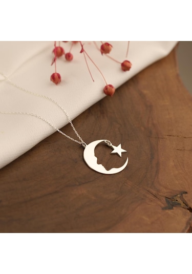 Dkmn Gümüş 925 Ayar Atatürk ve Sallantılı Yıldız Desenli Gümüş Kolye