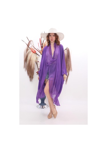 Italyan Ipek Detaylı Oversize Kaftan & Bluz-8711 Mor