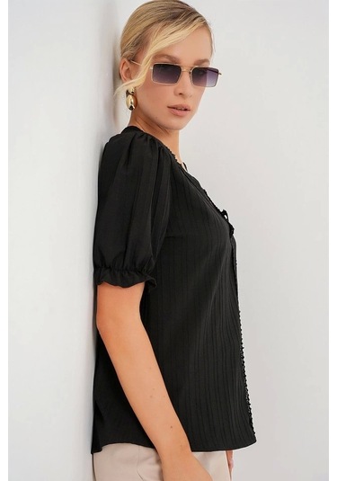 V Yaka Dantelli Bluz 956 - Siyah Si Yah