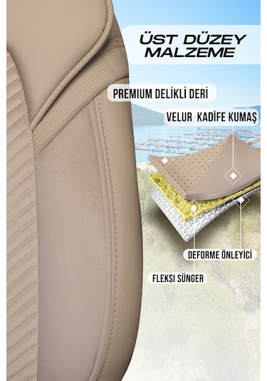 Bej - Bej Panda Monte Carlo Serisi Velor Kadife Kumaş Oto Koltuk Kılıfı - Tam Set