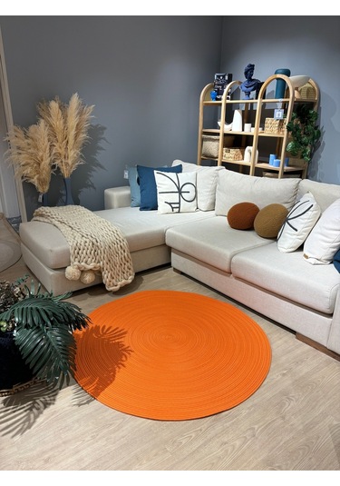 Turuncu Jüt Yuvarlak Hasır Görünümlü Klasik Halı Kilim Turuncu