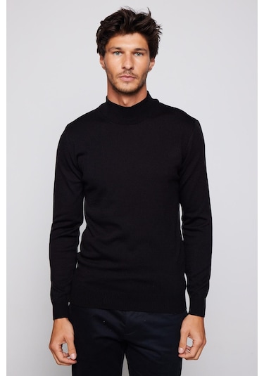 Tudors Erkek Slim Fit Dar Kesim Yarım Balıkçı Yaka Tüylenmeyen Yumuşak Dokulu Siyah Kazak-28773-siyah Siyah
