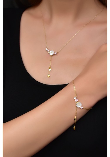 Papatya Silver 925 Ayar Gümüş Gold Kaplama Zincir Sallantılı Taşlı Sedef Manolya Çiçeği Kolye ve Bileklik Set