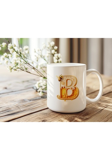 B Harfi Bal Arısı Tasarım Kupa Bardak - Bal Ve Petek Desenli Kişiye Özel Kahve Kupası - Hediyelik Beyaz