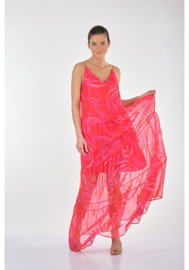 Explosion V Yaka Oversize Maxi Şifon Elbise - Günlük & Parti Fuşya