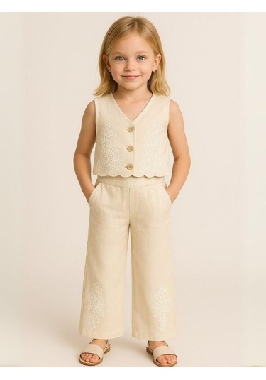 Kız Çocuk Keten Yelek Pantolon Takım-15971 KREM