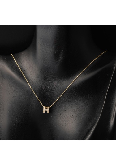 Taşlı H Harfli Minimal Harf Kolye Altın