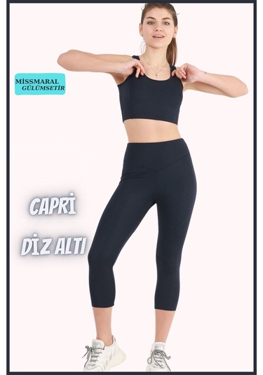 Yüksek Bel Toparlayıcı Kapri Tayt Diz Altı Lacivert Dar Paça Karyoka Dikiş Detaylı Capri 1020 Lacivert