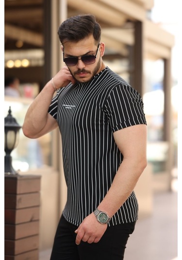 Erkek Dikey Çizgili Ottoman Kumaş Kısa Kollu T-shirt Siyah