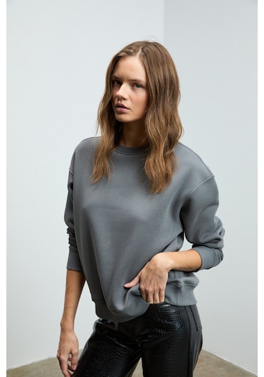 Grimelange Vaneltına Kadın Organik Pamuklu Yumuşacık İçi Polarlı Yuvarlak Yakalı Gri Sweatshirt Gri